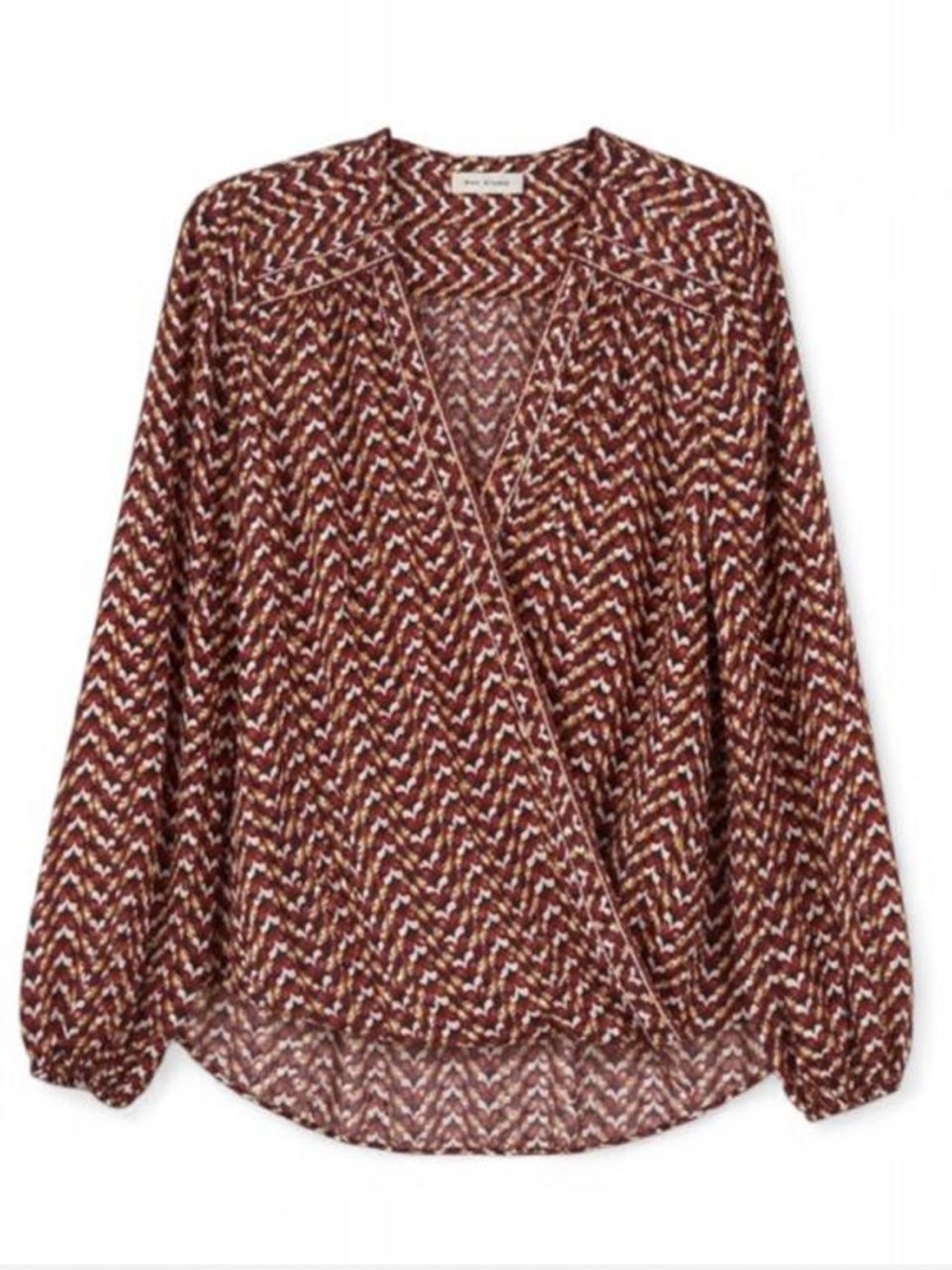 Max Studio Burgundy Chevron Wrap Blouse with Cream Accents